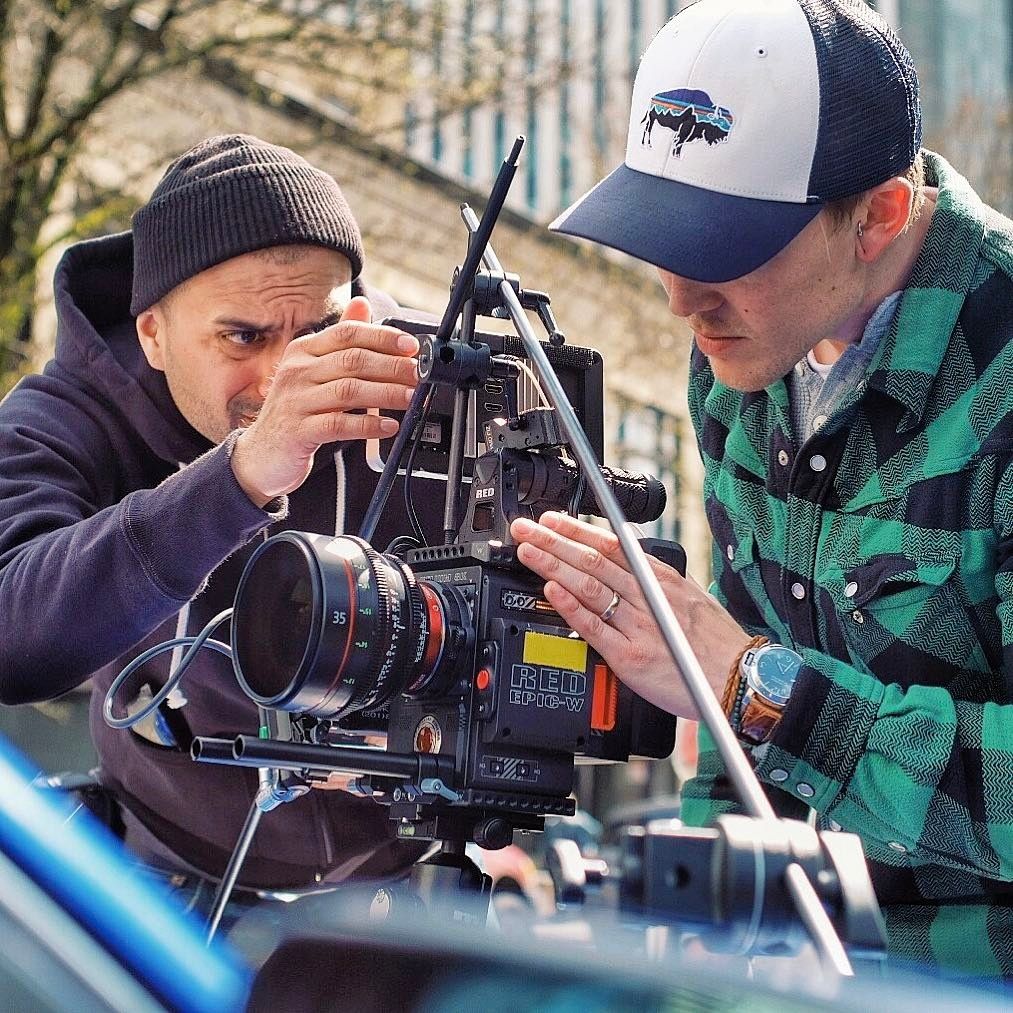 Director Devin Leisher (green shirt) and 1st AD Erik Motta working on the Epic-W with the Canon 35mm