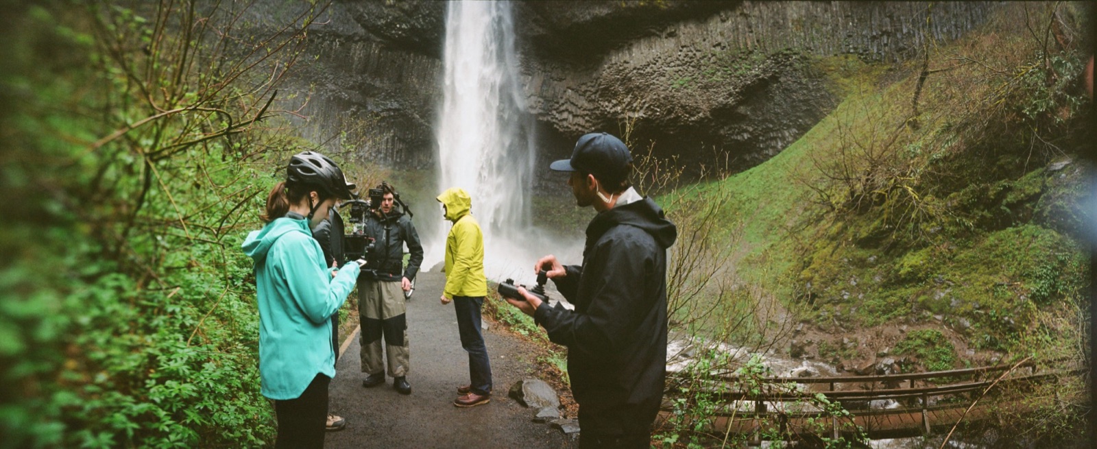 Civic: rehearsing on the trail below the falls in the Columbia River Gorge, rig in hand