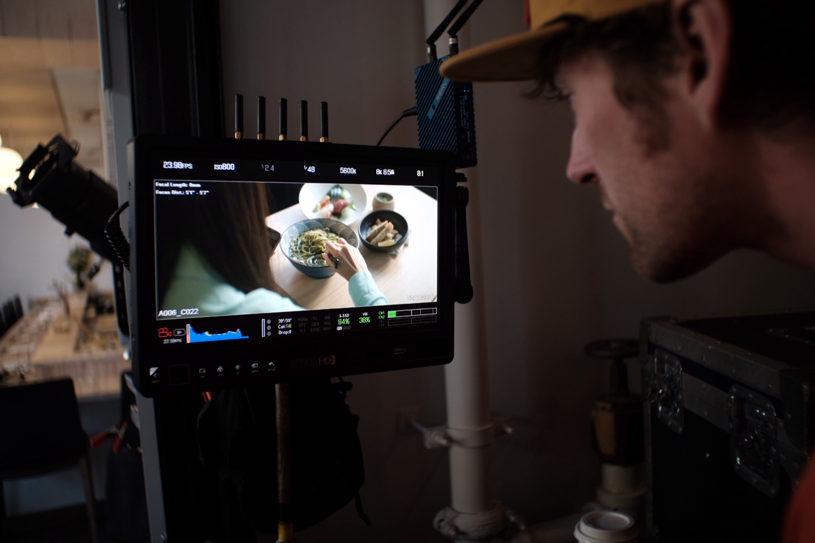 Odyssey: watching the noodle shot on the monitor at Kado no Mise