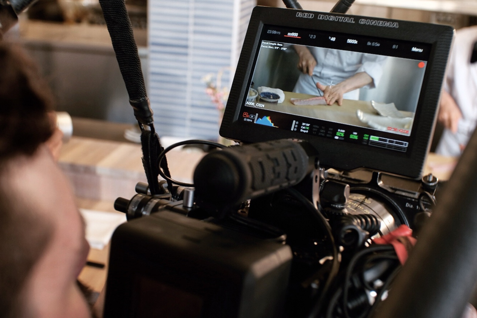 Odyssey: Chef Furukawa slicing fish on the Epic-W's monitor