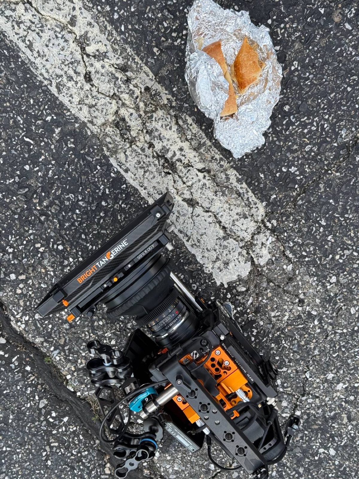 The rig with a Leica R and a Bright Tangerine matte box, lunch beside it