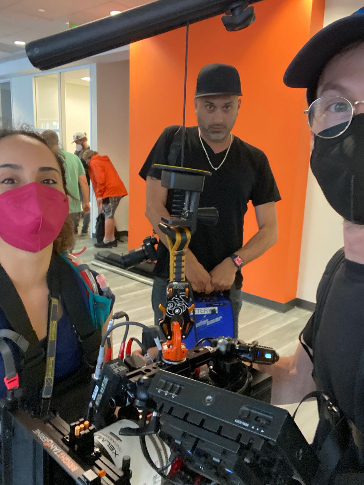 Camera team selfie with the Raptor and the Xelmus glass hung on the support rig