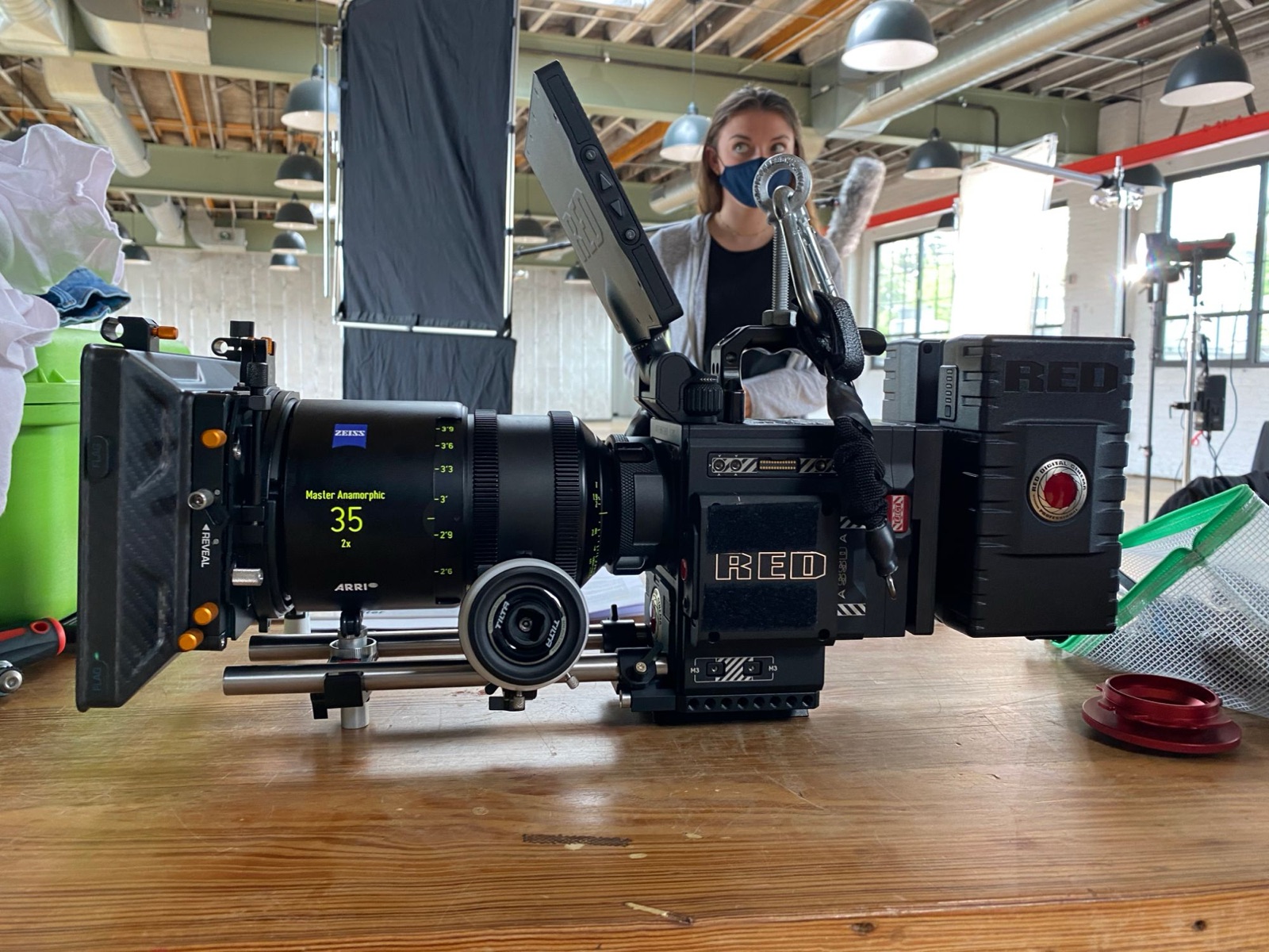 The RED Gemini with the Zeiss Master Anamorphic 35mm, masks on set, spring 2021