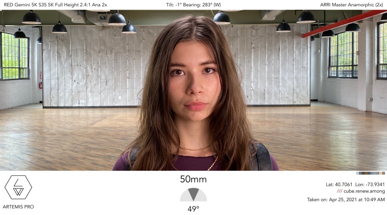 Artemis Pro frame check on the 50mm Zeiss Master Anamorphic before the talent's close-up