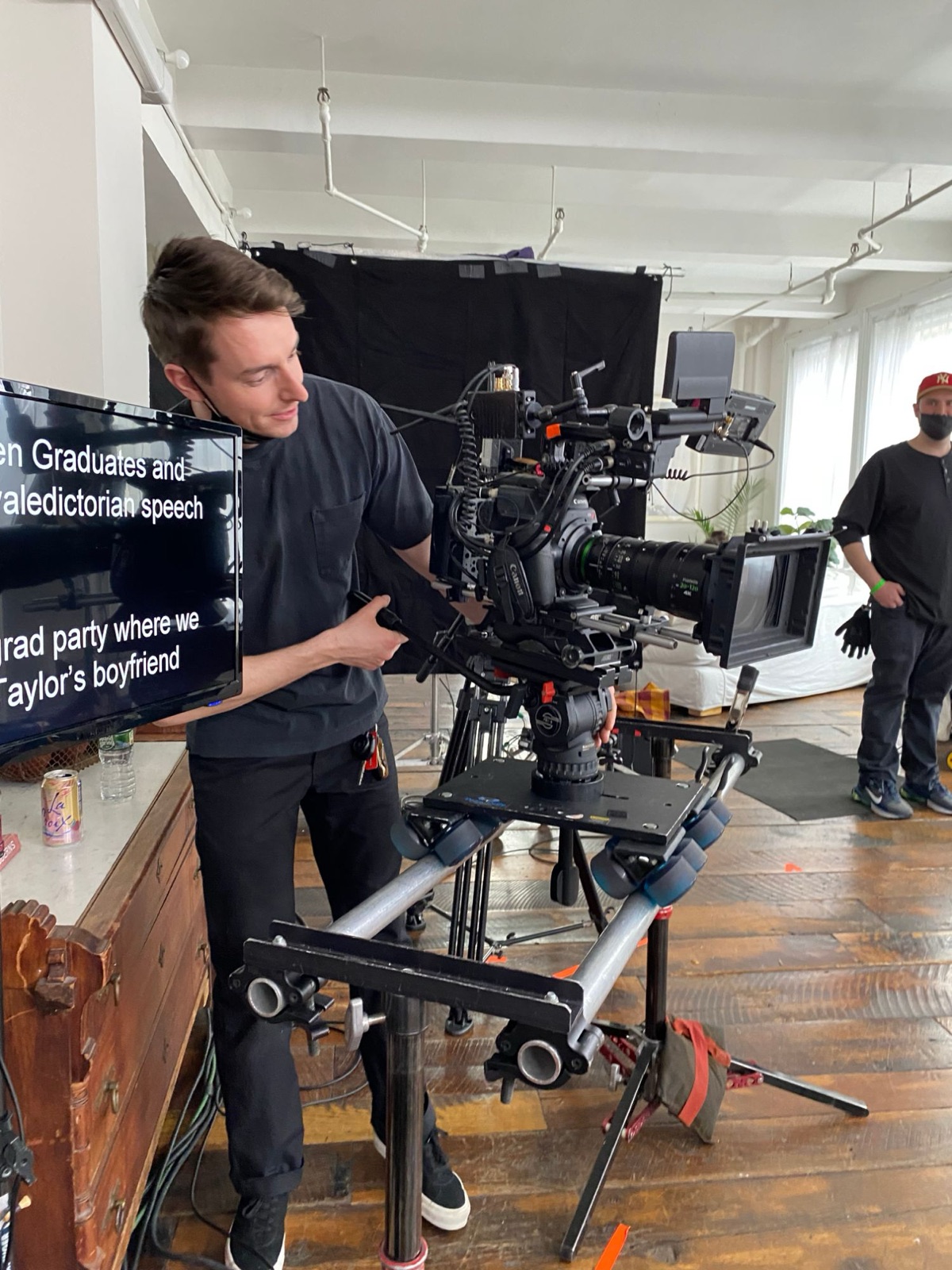 The C300 Mark II on a slider with the Fujinon 20-120, prompter beside it